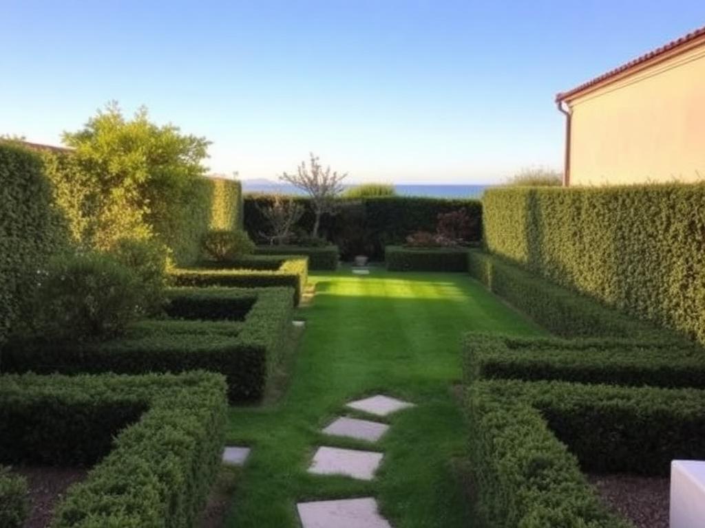Jardim mantido com sebes aparadas e relva cortada